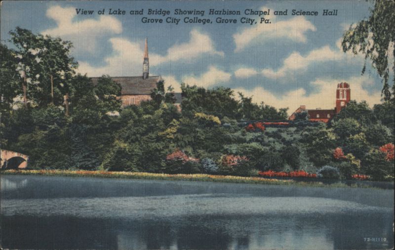 Lake & Bridge, Harbison Chapel, Science Hall, Grove City College Pennsylvania