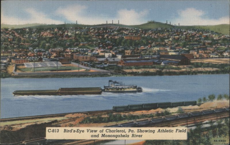 Bird's-Eye View of Charleroi, PA, Athletic Field, Monongahela River Pennsylvania