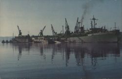 USS Hunley AS-31 Submarine Tender, Naval Base & Cranes Postcard