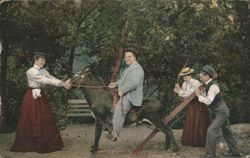 Starting Baby for a Ride - Humorous Donkey Scene Postcard