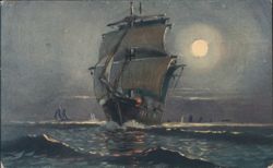 Sailing Ship at Night Under Full Moon Postcard