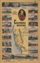 California Missions Map & Fray Junipero Serra Postcard