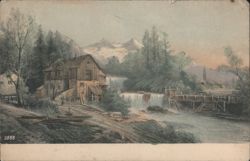 Mountain Mill, Waterfall, Wooden Bridge Postcard