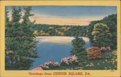 Center Square PA Lake View, Trees, Flowers, Sunset Postcard