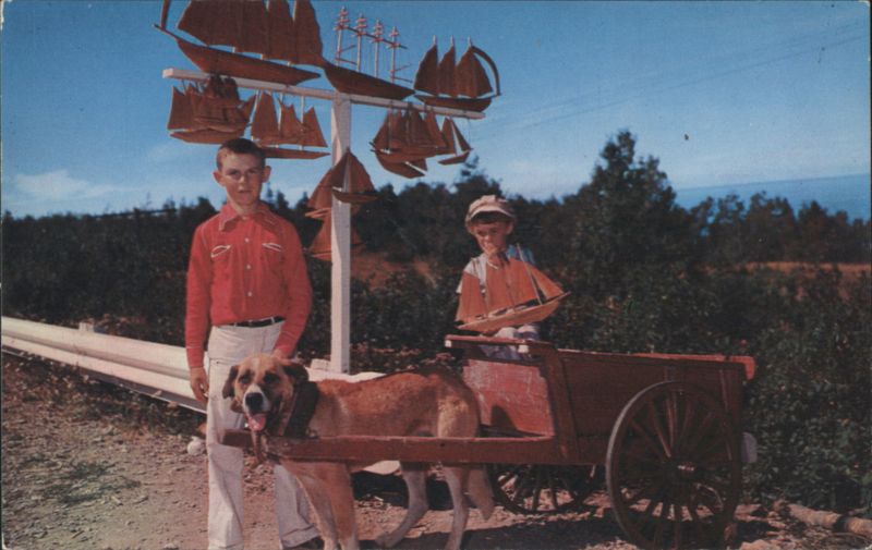 Gaspé Nord Children Selling Souvenir Boats with Dog Cart Canada