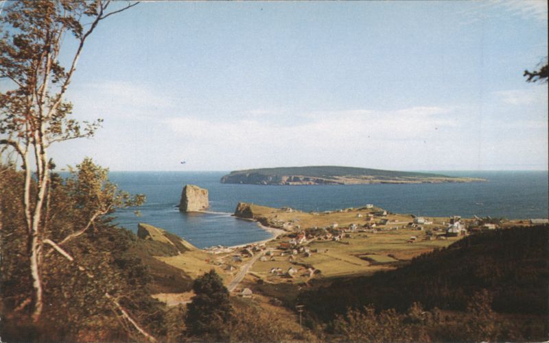 Percé Rock, Village & Bonaventure Island from Peak O'Dawn QC Canada