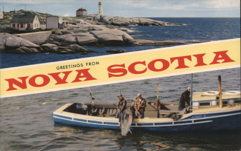 Greetings from Nova Scotia, Fishing Boat & Lighthouse NS Canada
