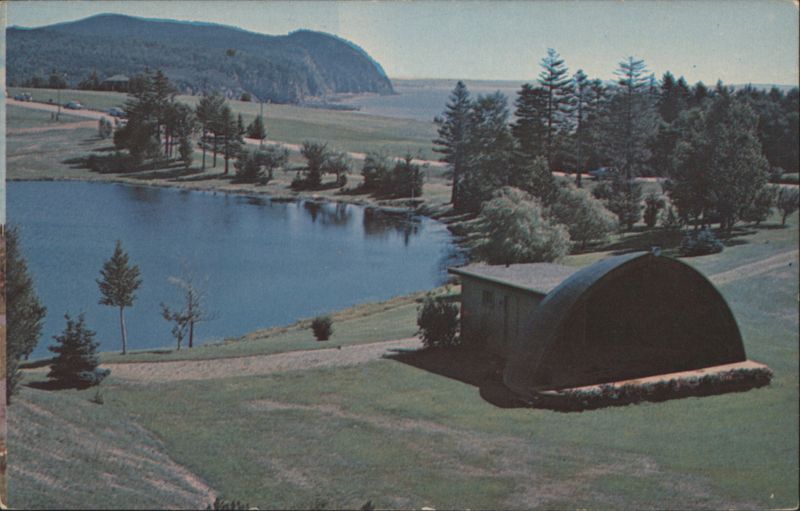 Fundy National Park, Lake, Hills, Curved Roof Building NB Canada