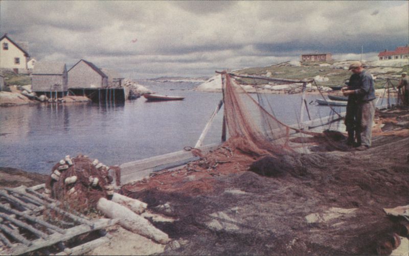 Peggy's Cove, NS Fishermen Mending Nets Canada Bureau Of Information