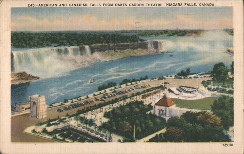 American and Canadian Falls from Oakes Garden Theatre Niagara Falls ON Canada
