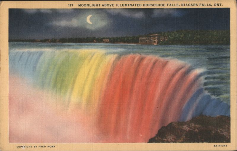 Moonlight Above Illuminated Horseshoe Falls, Niagara Falls, ONT. Canada