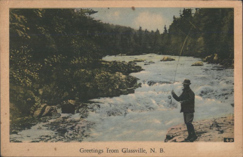 Man Fishing River Rapids, Glassville, NB Canada New Brunswick