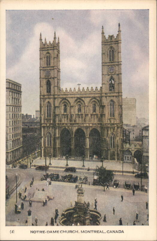 Notre-Dame Church, Street Scene with Fountain Montreal QC Canada