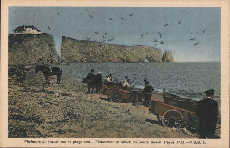 Fishermen at Work on South Beach, Percé QC Canada