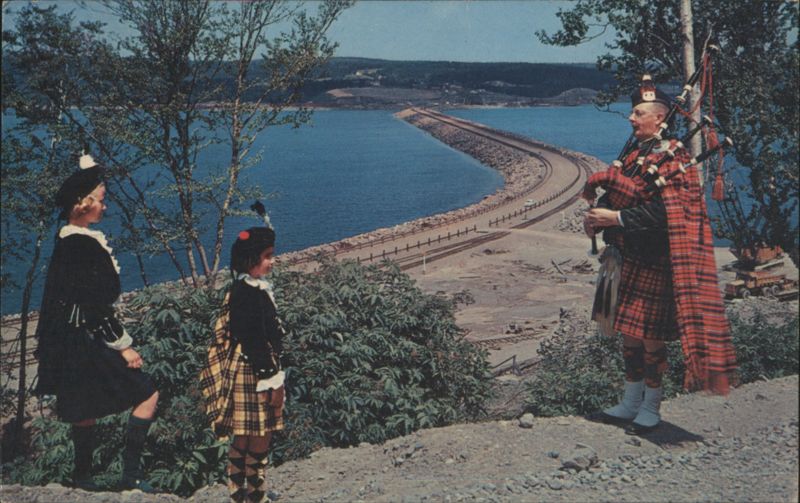 Road to the Isles Causeway, Bagpiper & People in Kilts Cape Breton NS Canada