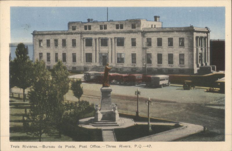 Trois Rivières Post Office, Statue, and Buses QC Canada