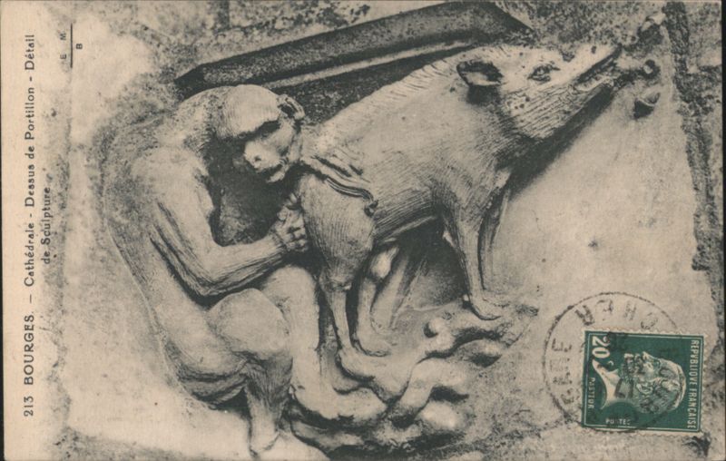 Bourges Cathedral Sculpture Detail: Man & Boar France