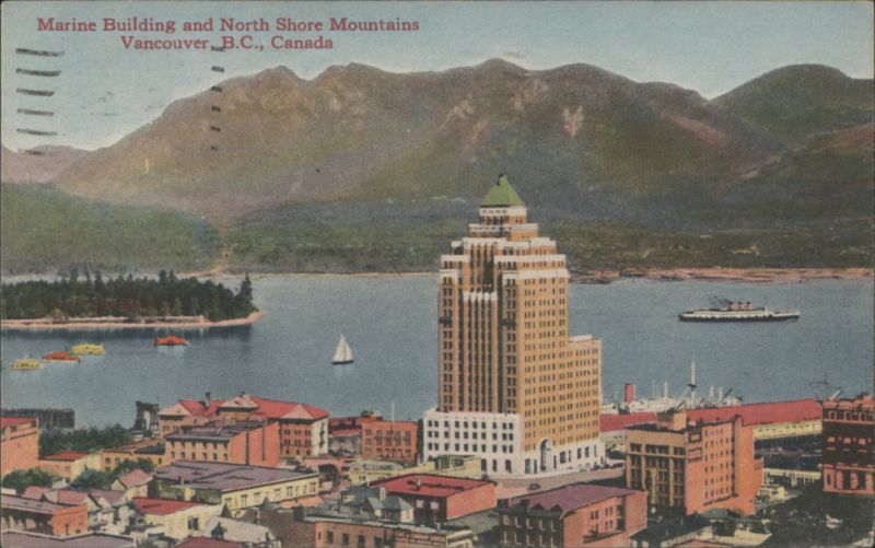 Marine Building & North Shore Mountains, Vancouver BC Canada