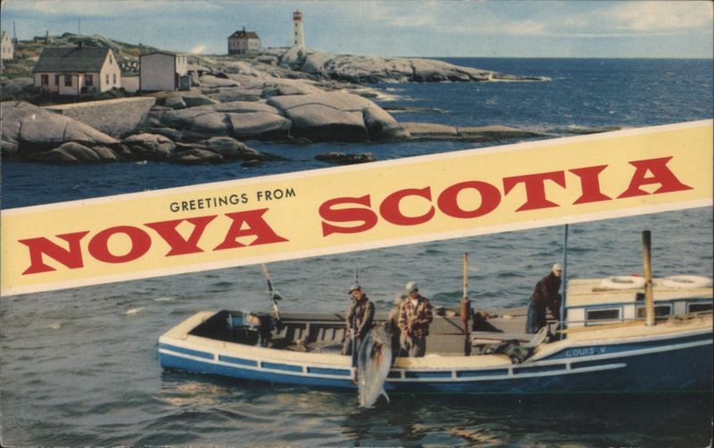 Greetings from Nova Scotia, Fishing Boat & Lighthouse NS Canada