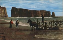 Fishermen Securing Wharf, Percé Rock Background Postcard