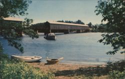 Covered Bridge, River View with Boats Postcard