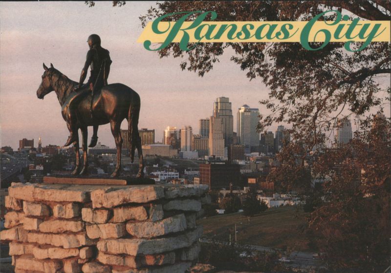 Kansas City The Scout Statue & Skyline Sunset Missouri