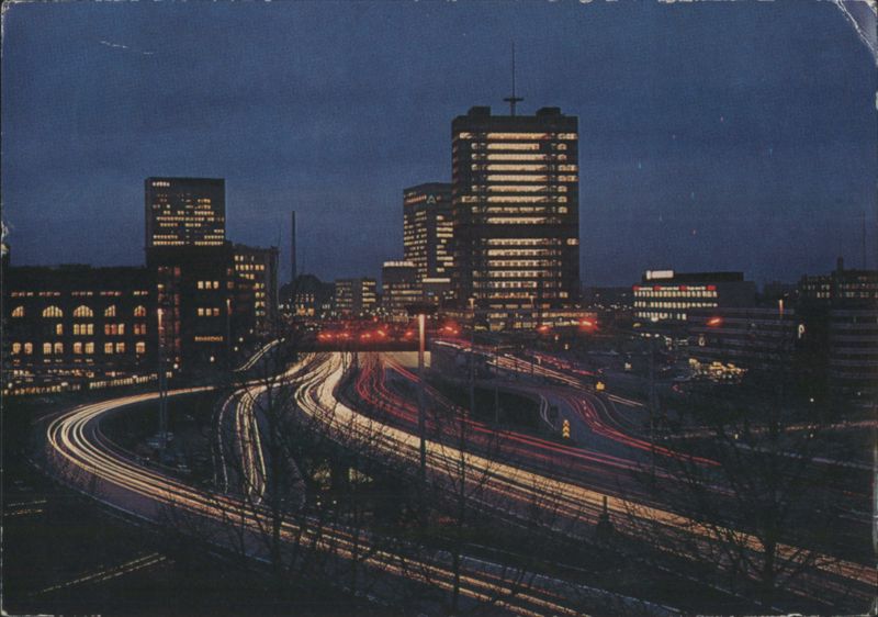 Essen City Autobahn Night View, Light Trails & Skyscrapers Germany