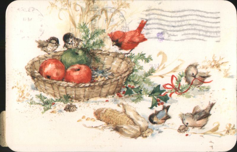 Holiday Birds, Apples, Corn & Holly Basket Scene