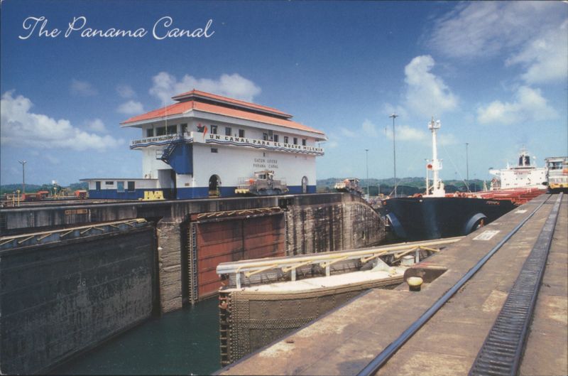 The Panama Canal, Gatun Locks Control Tower & Cargo Vessel