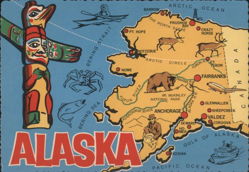 Map of Alaska with Totem Pole, Wildlife & Cities