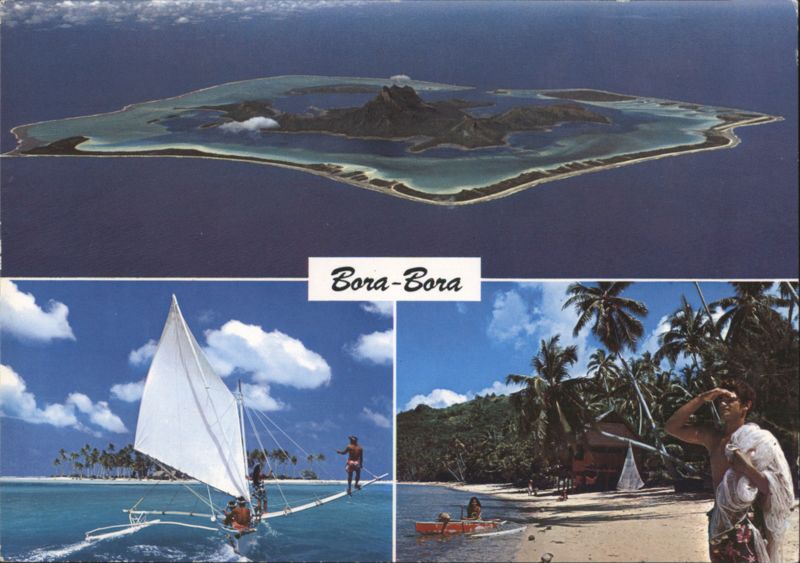Bora-Bora Aerial View, Sailboat, Beach Scene French Polynesia