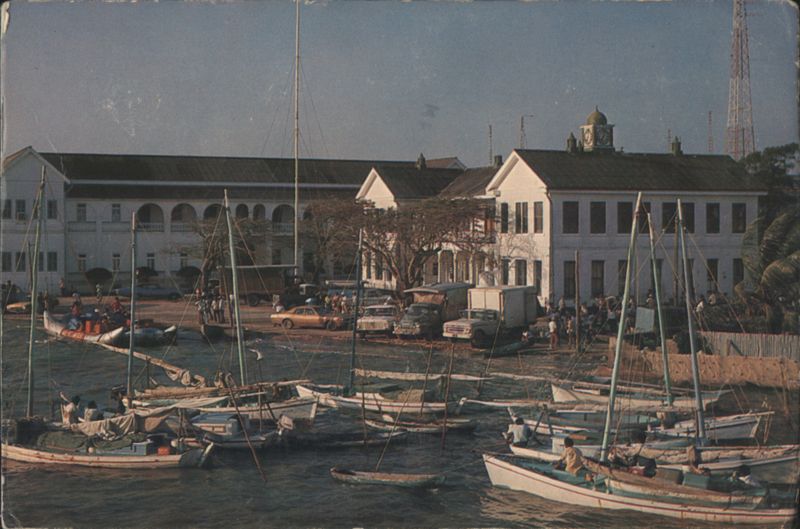 Boats clog Haulover Creek at Court House Wharf, Belize City