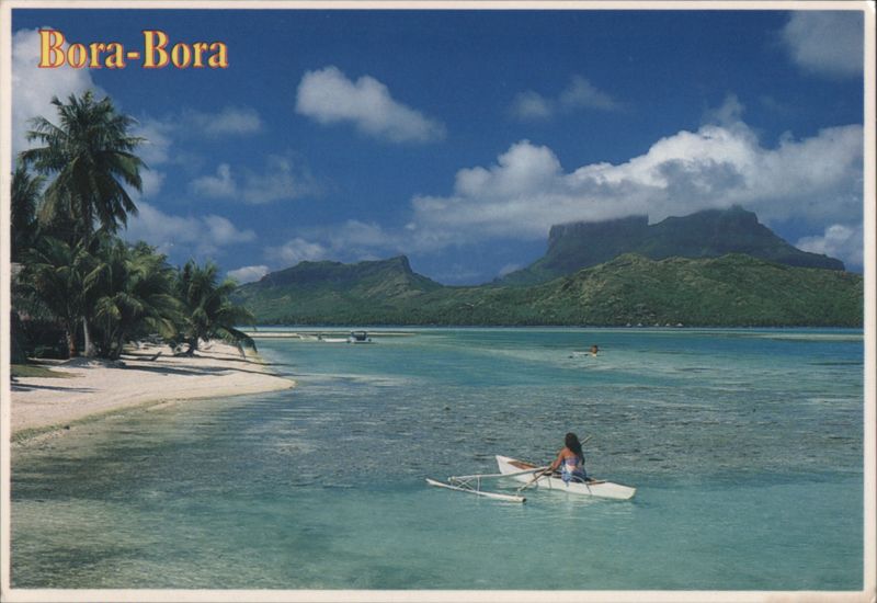 Bora-Bora Tropical Beach Canoe Palm Trees Mountains French Polynesia