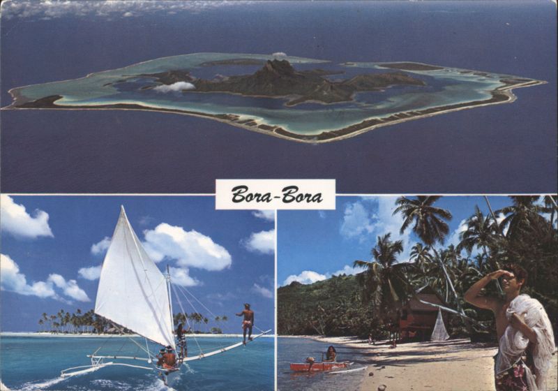 Bora-Bora Island Aerial View Sailboat Beach Scene French Polynesia