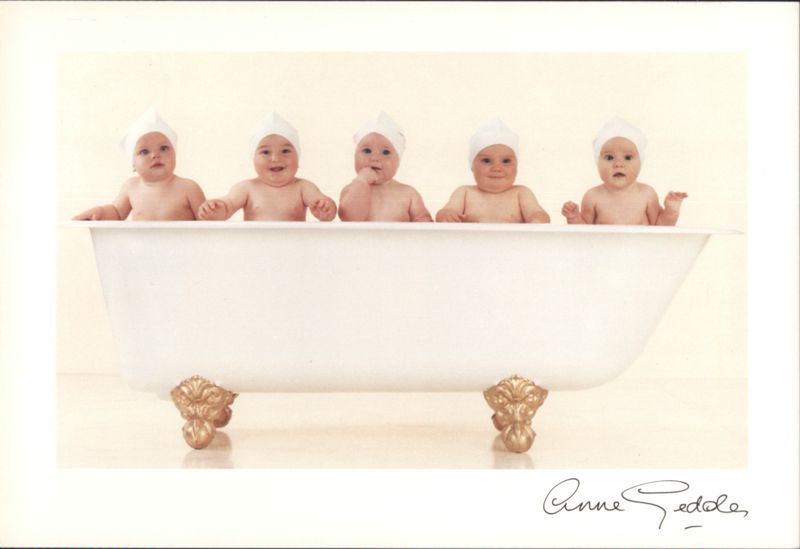 Five Babies in Bathtub with White Caps Multiple Babies