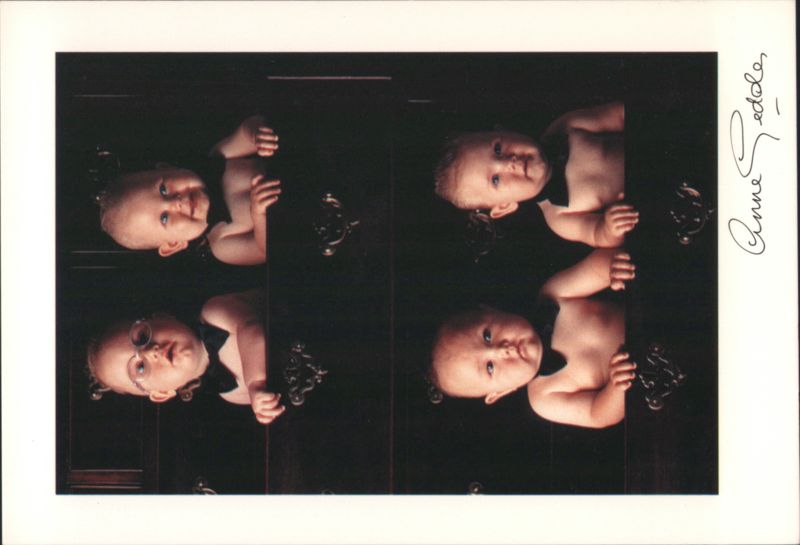 Four Babies in Tuxedos Peeking from Cabinet Door Anne Geddes