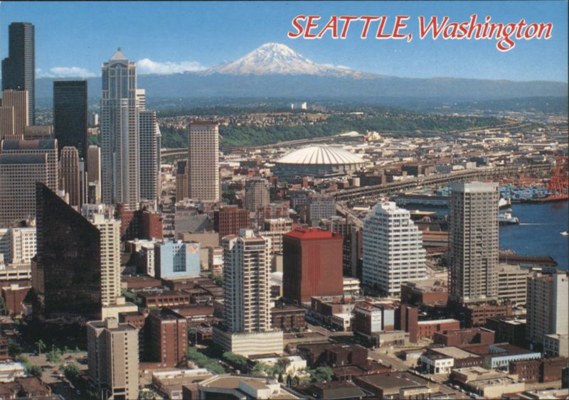Aerial View of Seattle Skyline, Elliott Bay & Mt. Rainier Washington