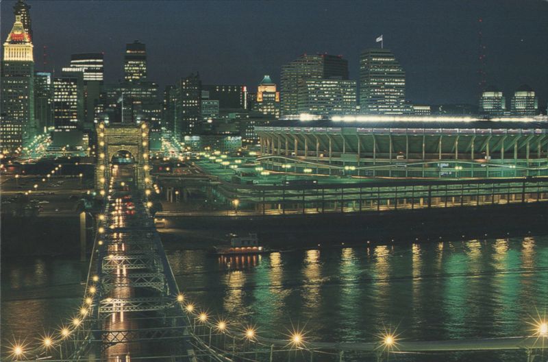 Cincinnati Skyline, Roebling Bridge & Riverfront Stadium at Night Ohio