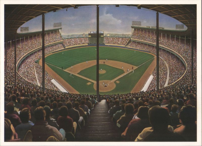 Cavernous Cleveland Stadium Baseball Game Lithograph Ohio