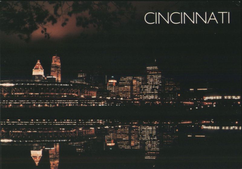 Cincinnati Skyline Night View, Riverfront Stadium & Coliseum Ohio