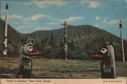 Totems in Saxman Totem Park, Ketchikan, AK Postcard