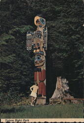 Totem Bight Park Totem Pole with Woman, Ketchikan, AK Postcard