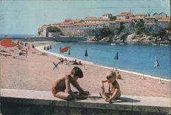 Sveti Stefan Beach, Boys Playing, Island Town Postcard
