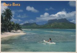 Bora-Bora Tropical Beach Canoe Palm Trees Mountains Postcard