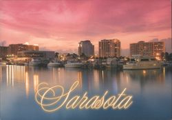 Sarasota Skyline & Marina at Sunset, Glowing Text Postcard