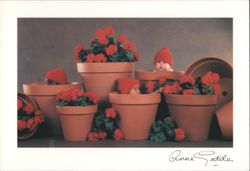 Babies in Flower Pots with Red Flowers Postcard