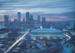 Minneapolis Skyline at Dusk with Hubert H. Humphrey Metrodome Postcard