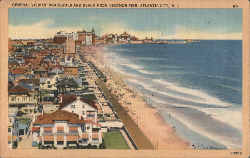 General View of Boardwalk & Beach from Ventnor Pier, Atlantic City, NJ New Jersey