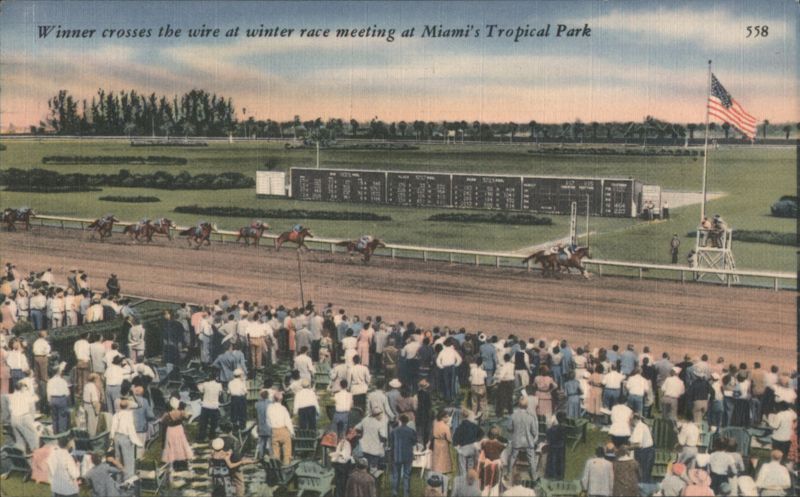 Winner crosses wire at winter race meeting, Tropical Park Miami Florida