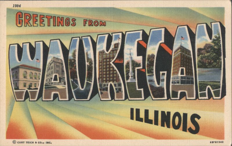 Greetings from Waukegan Illinois Large Letter Buildings